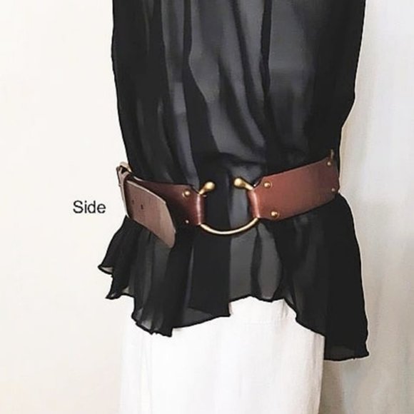 Handmade Belt Brown Genuine Leather Brass Tongue Buckle Antiqued Horseshoe Links - Picture 4 of 13